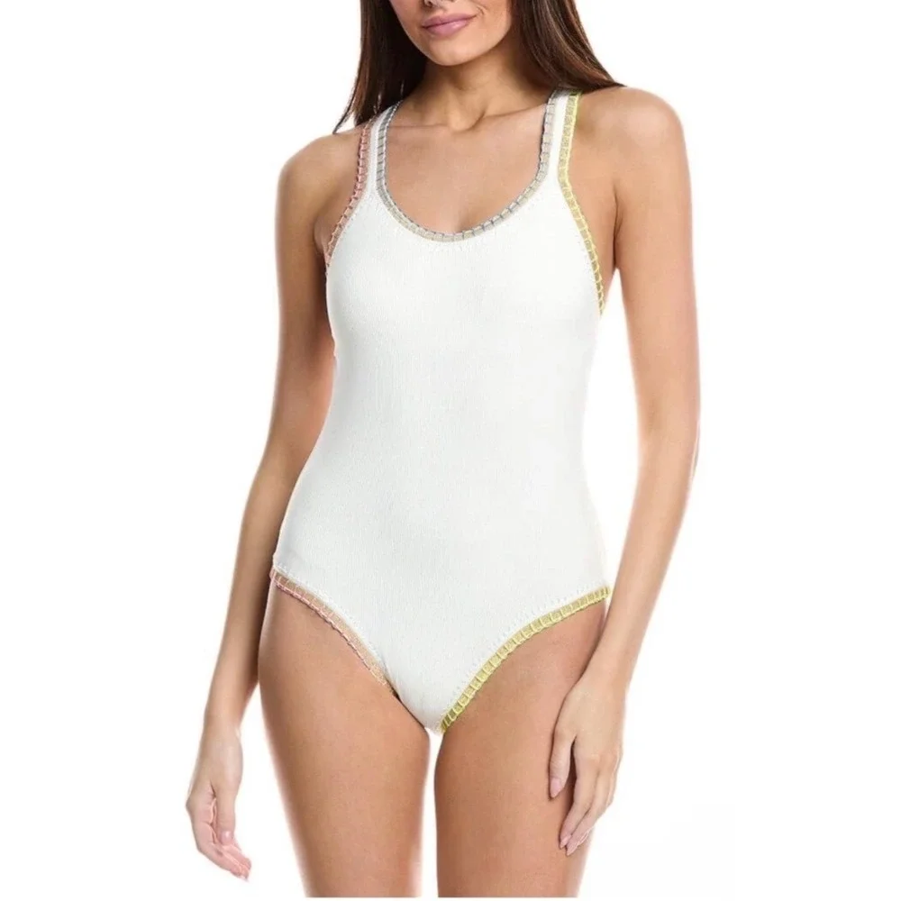 Solange Ferrarini x PQ Swim White Ribbed‎ Whipstitch One Piece Swimsuit M NEW